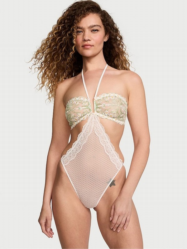 White Victoria Secret Coconut Daisy Broderie Halter Bodysuit Lingerie | BKOJW6579