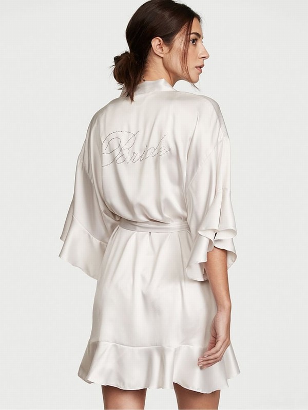 White Victoria Secret Coconut Flounce Satin Robe Nightwear | NBUIH6427