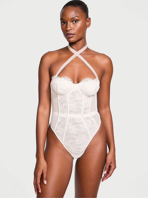 White Victoria Secret Coconut Halter Shine Bodysuit Lingerie | NETZQ5902