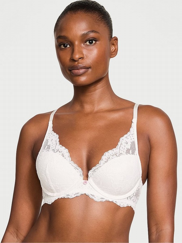 White Victoria Secret Coconut Lace Half Pad Plunge Bras | FOIAK8275