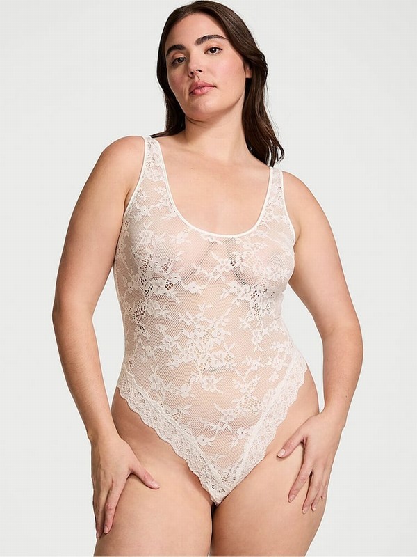 White Victoria Secret Coconut Lace Scoop Bodysuit Lingerie | DNORQ5467