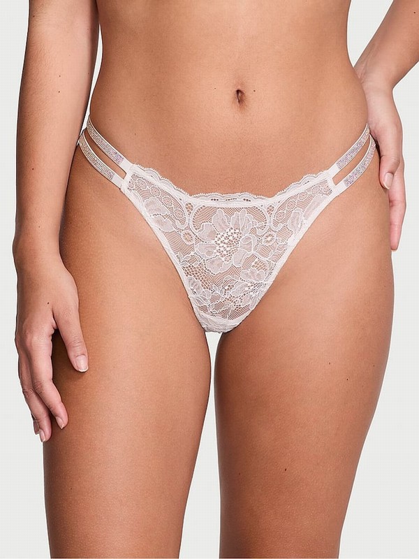 White Victoria Secret Coconut Lace Shine Strap Thong Double Shine Strap Underwear | LPNXV8617