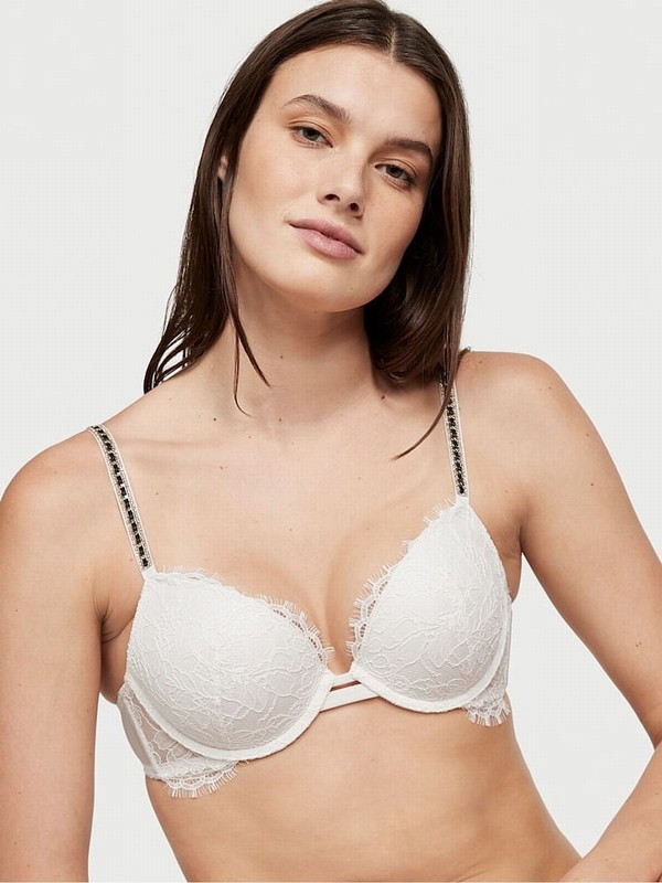 White Victoria Secret Coconut Lace Skinny Chain Shine Strap Push Up Bras | IYEUJ2460