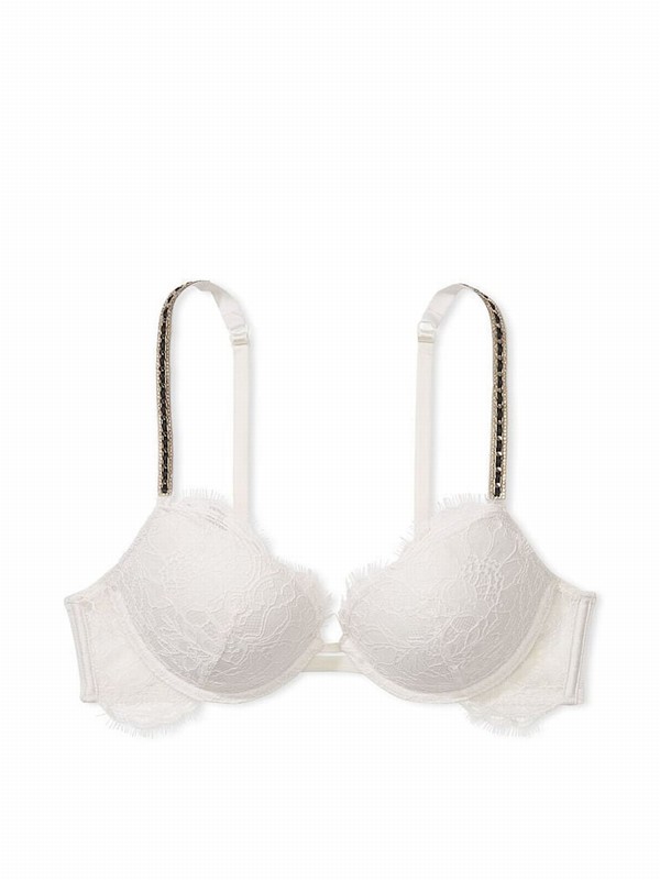 White Victoria Secret Coconut Lace Skinny Chain Shine Strap Push Up Bras | IYEUJ2460