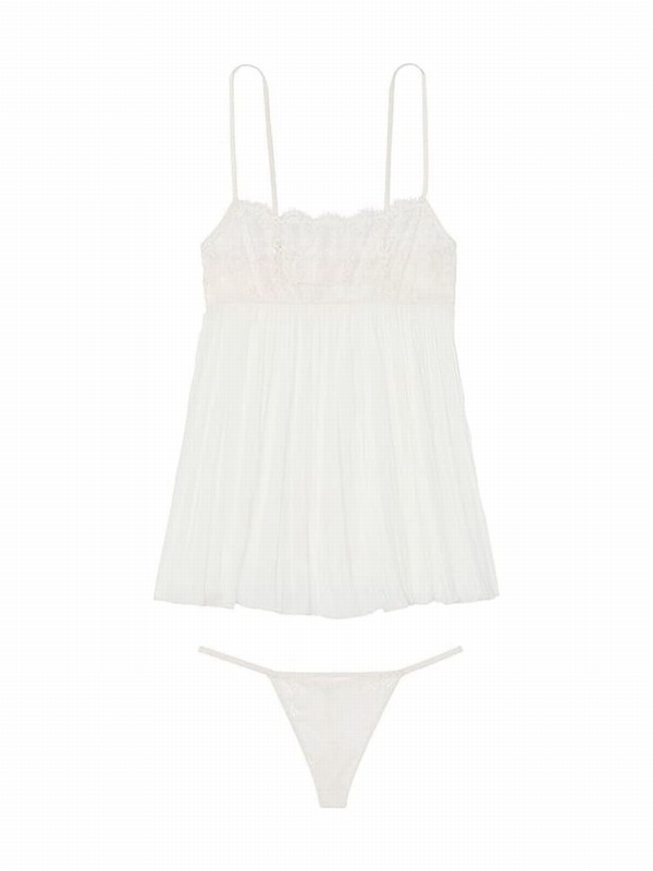 White Victoria Secret Coconut Lace Top Pleated Babydoll Set Lingerie | DITGE7136