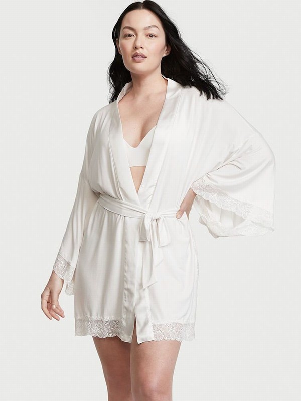 White Victoria Secret Coconut Modal Lace Robe Nightwear | ZMHUX5694