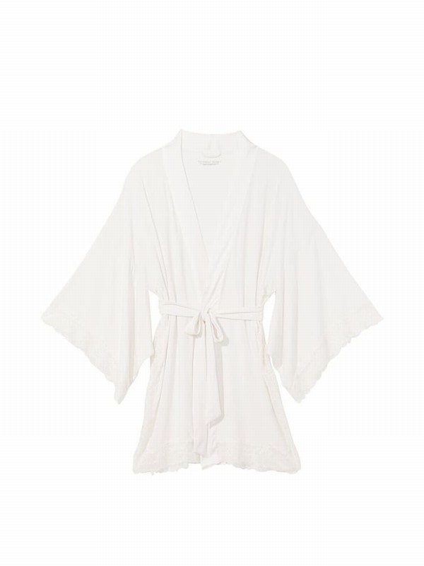 White Victoria Secret Coconut Modal Lace Robe Nightwear | ZMHUX5694