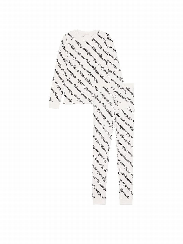 White Victoria Secret Coconut Ribbon Script Thermal Long Nightwear | FBGKD5741