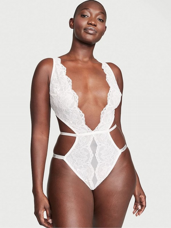 White Victoria Secret Coconut Shine Strap Lace Crotchless Bodysuit Lingerie | CJLVO4105