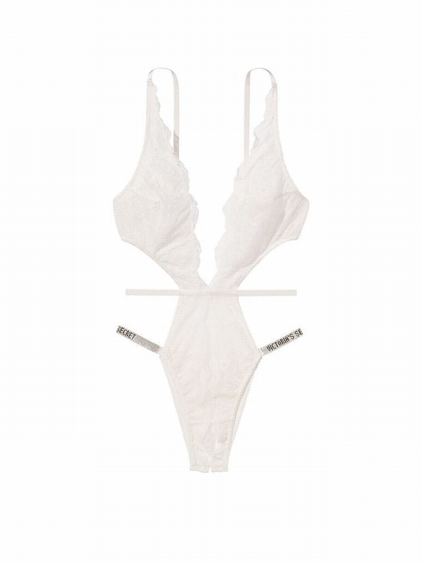 White Victoria Secret Coconut Shine Strap Lace Crotchless Bodysuit Lingerie | CJLVO4105