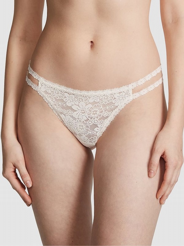 White Victoria Secret Coconut Thong Floral Lace Underwear | HCMYG1430