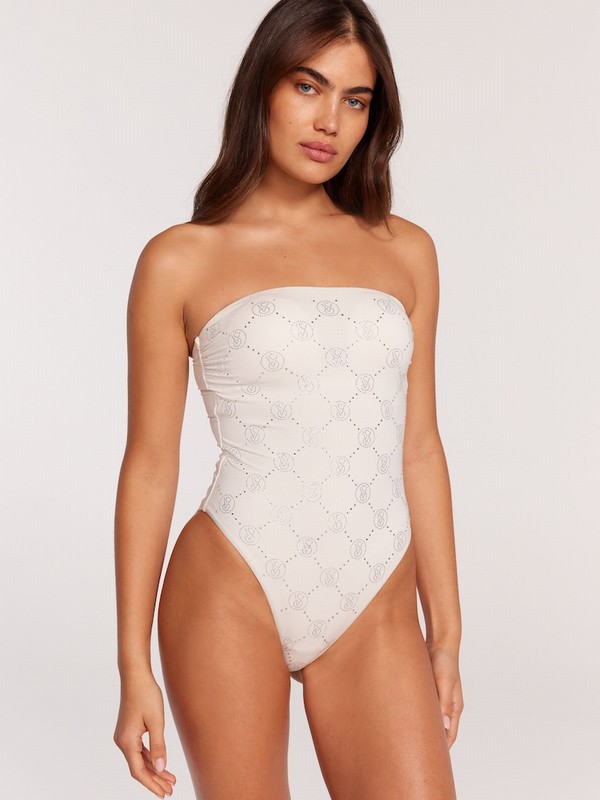 White Victoria Secret Diamanté Monogram Tummy Control Bandeausuit Swimsuits | STXRW9023