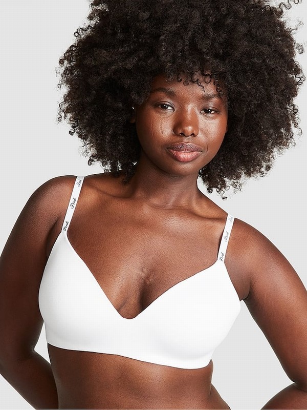 White Victoria Secret Logo Non WiLightly Lined Cotton Logo Bras | BOADE1760