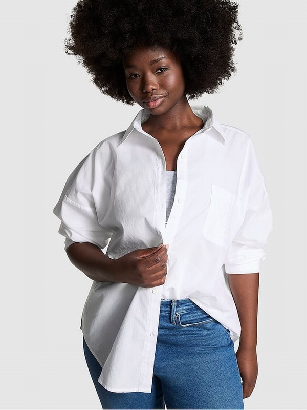 White Victoria Secret Optic Cotton Oversized Shirt Tops | GMDYB7915
