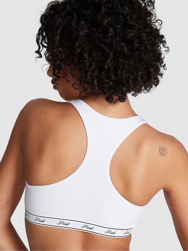 White Victoria Secret Optic Cotton Racerback Scoop Low Impactlette Sports Bra | YTLKI3987