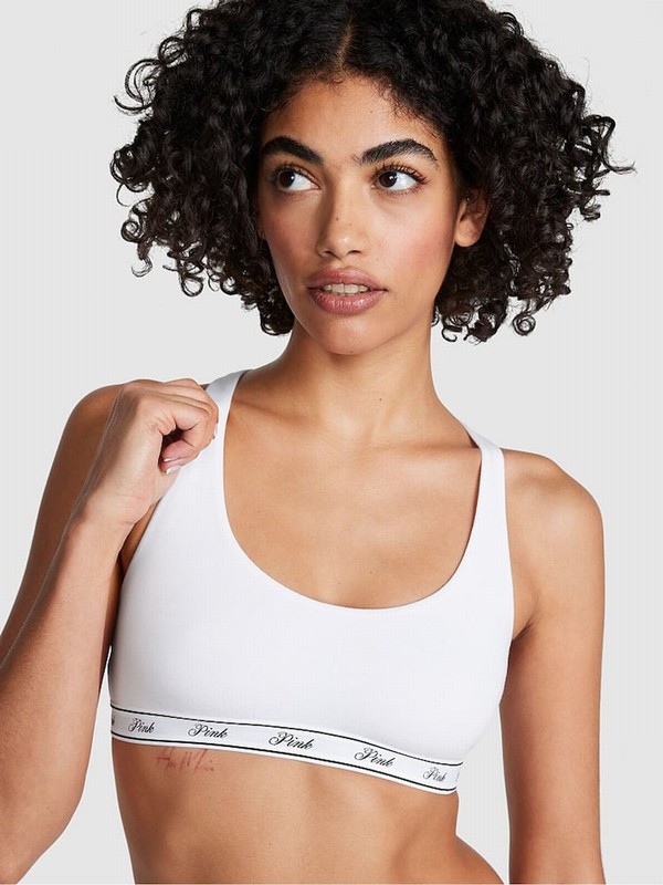 White Victoria Secret Optic Cotton Racerback Scoop Low Impactlette Bras | DAQZE6978