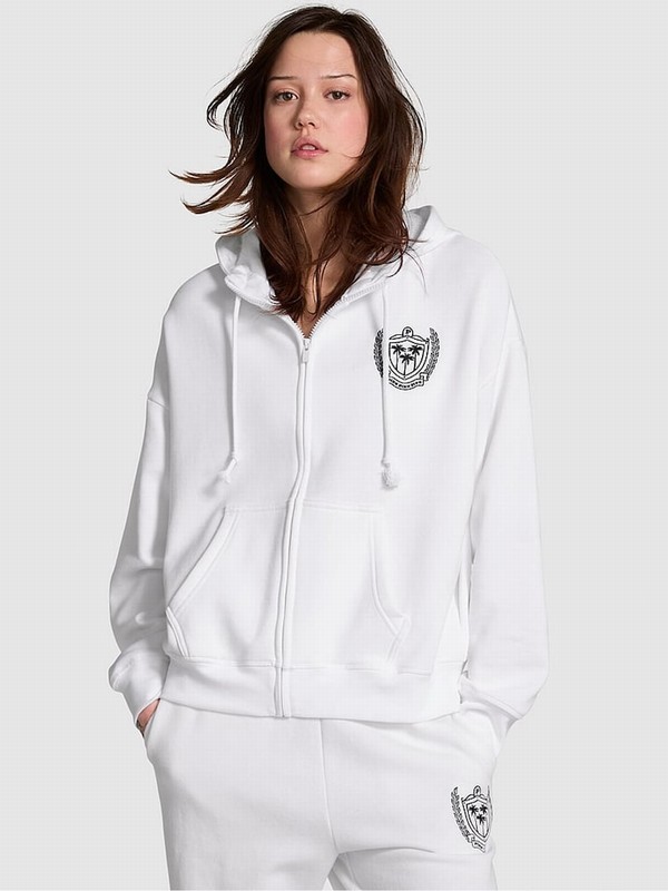 White Victoria Secret Optic Fleece Zip Up Fleece Hoodie | GEDUT9273