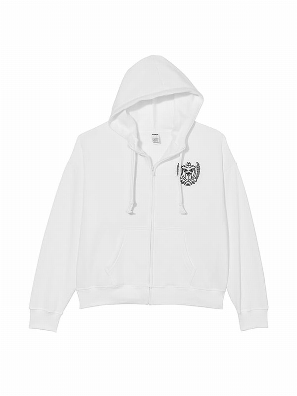 White Victoria Secret Optic Fleece Zip Up Fleece Hoodie | GEDUT9273