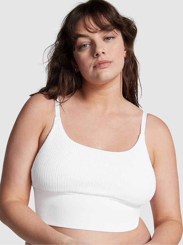White Victoria Secret Optic Longline Seamless Low Impact Sports Bra | MDWHU7036