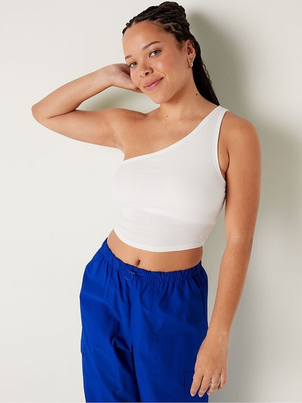 White Victoria Secret Optic Shrunken One Shoulder Shelf Tank Tops | FZKMS2561