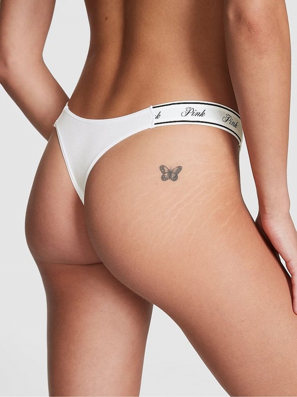 White Victoria Secret Optic Thong Cotton Logo Underwear | FTVGA9031