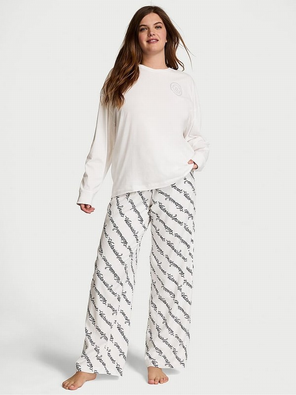 White Victoria Secret Ribbon Script Long Sleeve Flannel Nightwear | PTNIF0258