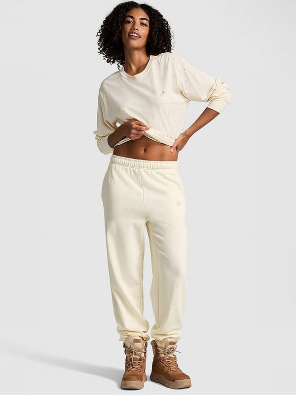 White Victoria Secret Shell Cuffed Diamante Fleece Joggers | CUHIM6085