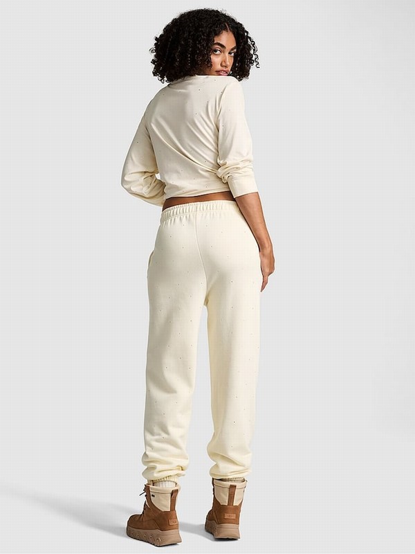 White Victoria Secret Shell Cuffed Diamante Fleece Joggers | CUHIM6085
