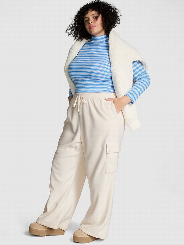 White Victoria Secret Shell Fleece Wide Leg Cargo Joggers | VSPET9250