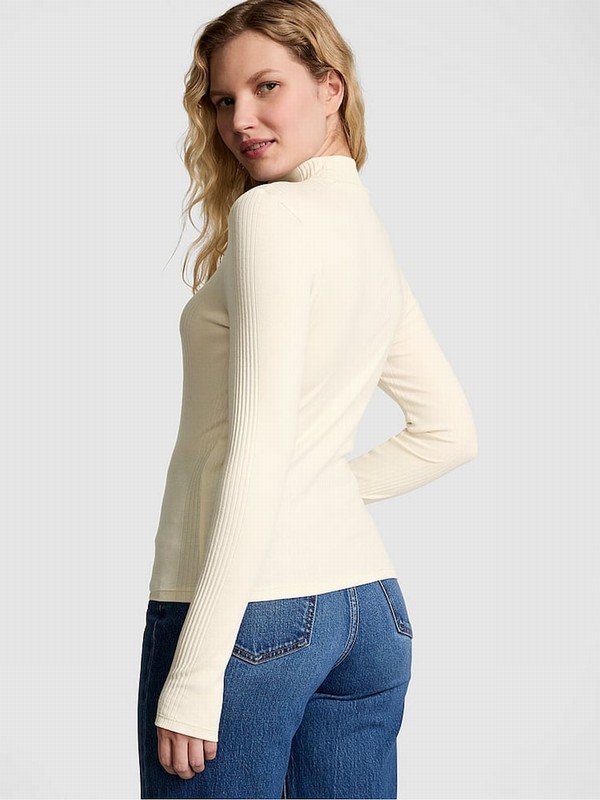 White Victoria Secret Shell Ribbed Mock Neck Long Sleeve T Shirts | XBQIL6597