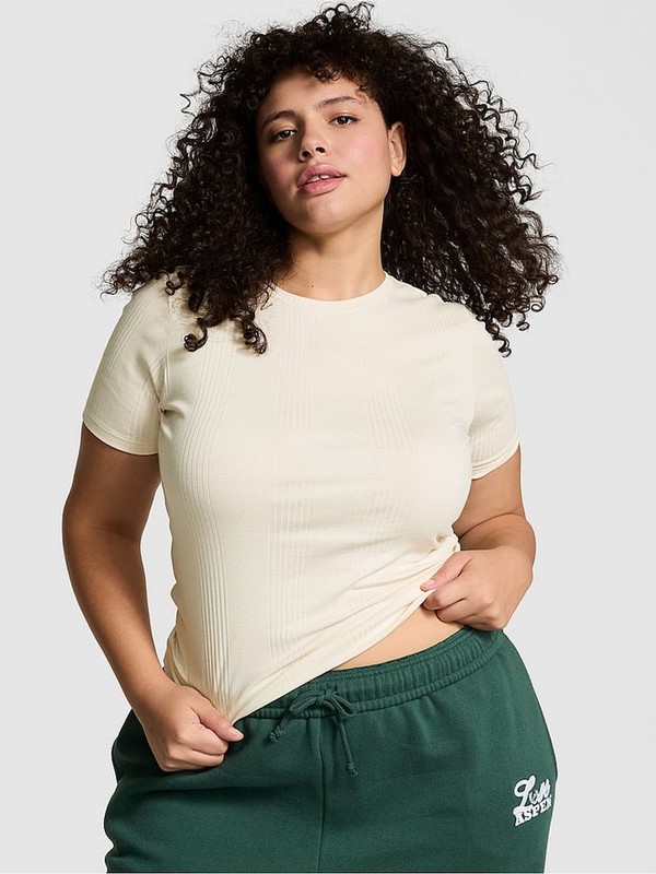 White Victoria Secret Shell Ribbed Sleeve T Shirts | JAVYS8047