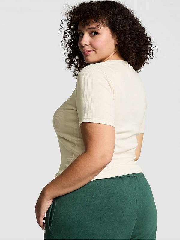 White Victoria Secret Shell Ribbed Sleeve T Shirts | JAVYS8047