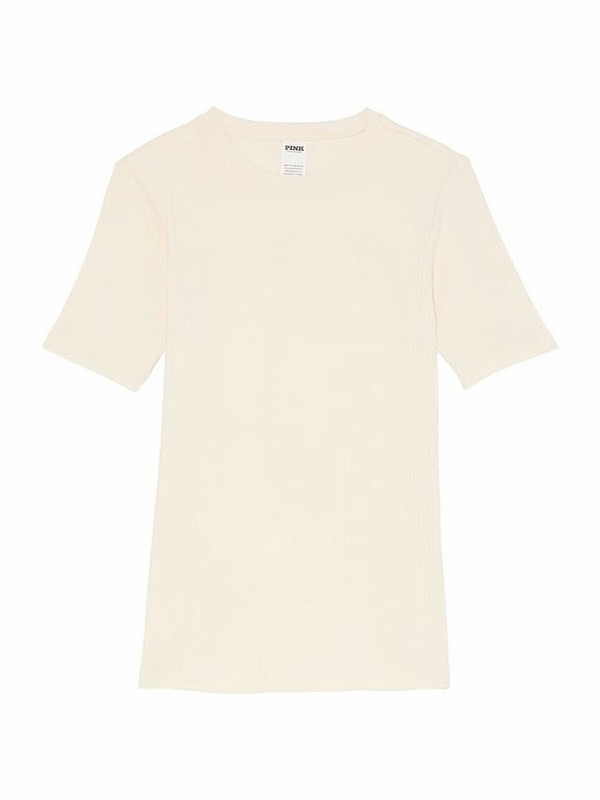 White Victoria Secret Shell Ribbed Sleeve T Shirts | JAVYS8047