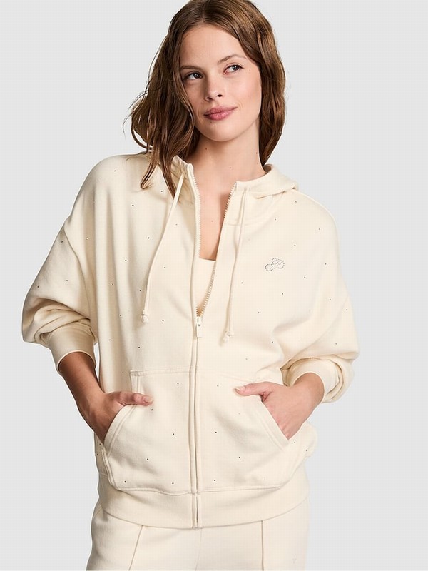 White Victoria Secret Shell Zip Up Diamante Fleece Hoodie | AFVIY8670