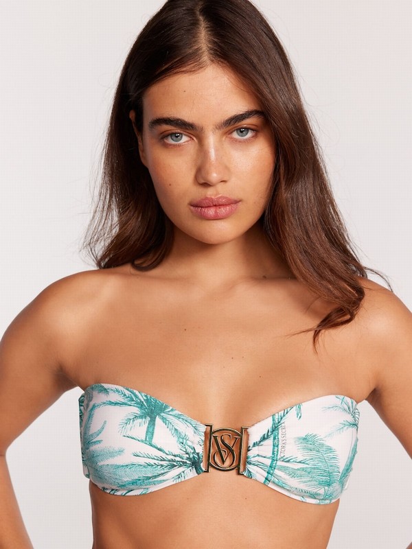 White Victoria Secret Tropical Palm Logo Hardware Bandeau Bikini Top | HVMCE3179