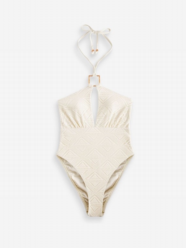 White Victoria Secret Tummy Control Halterneck Crochetsuit Swimsuits | ARVXJ6054