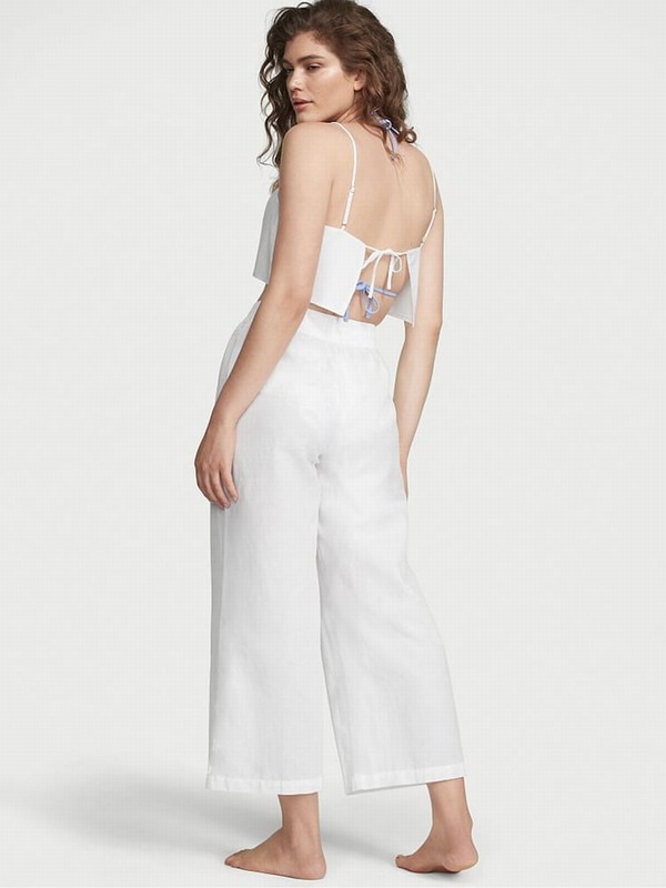 White / Beige Victoria Secret Linen Crop Top Tops | NKWHR3417