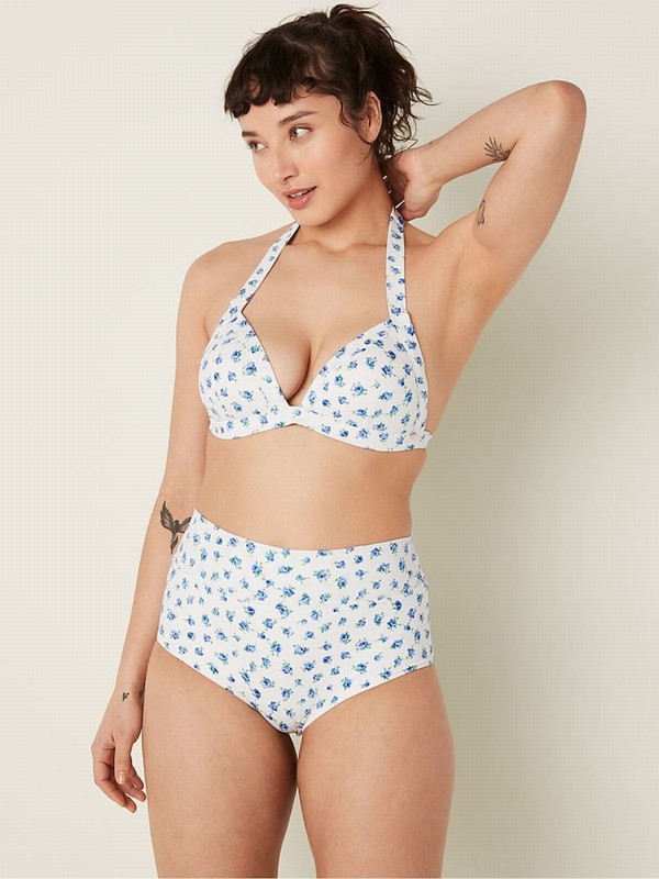 White / Blue Victoria Secret Morning Sky Floral High Waisted Bikini Bottom | GPOAS2531